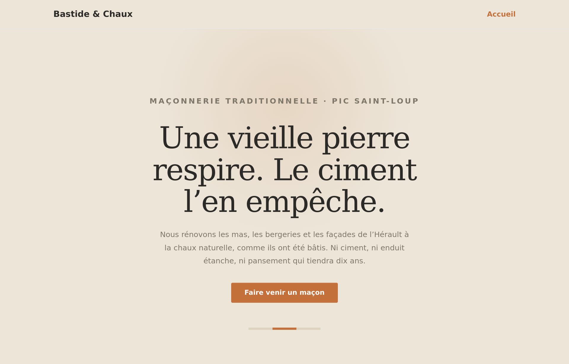 Page d’accueil du site Bastide & Chaux : fond pierre clair, titre centré en serif, accent ocre.